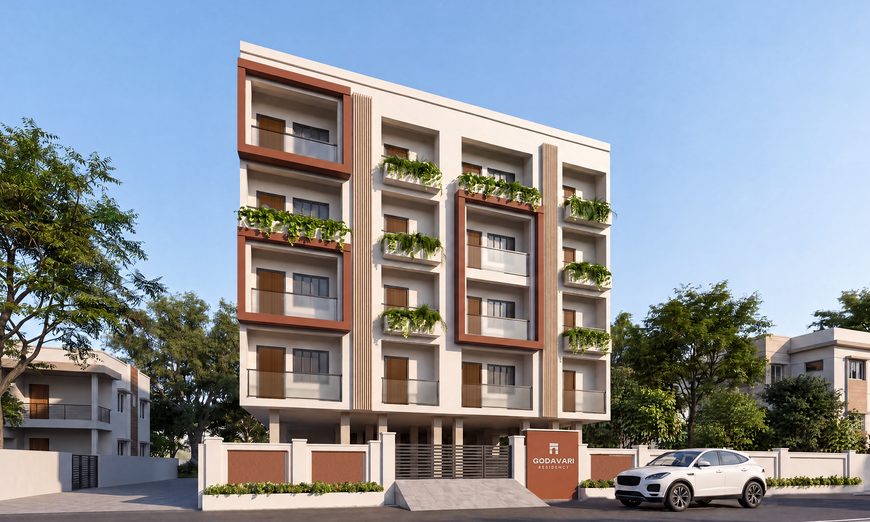 Artist's impression of Godavari Residency in daylight: a white building of stilt parking and four floors with clay-framed balconies and green planters, behind a compound wall with the Godavari Residency name wall