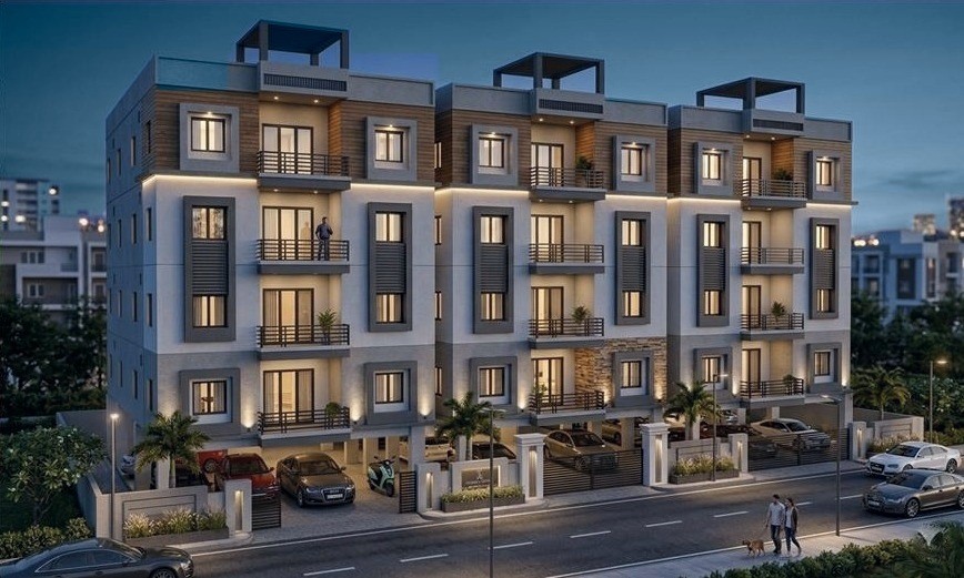 Artist's impression of Rohith Residency at dusk: three apartment blocks side by side with lit balconies, on a wide road